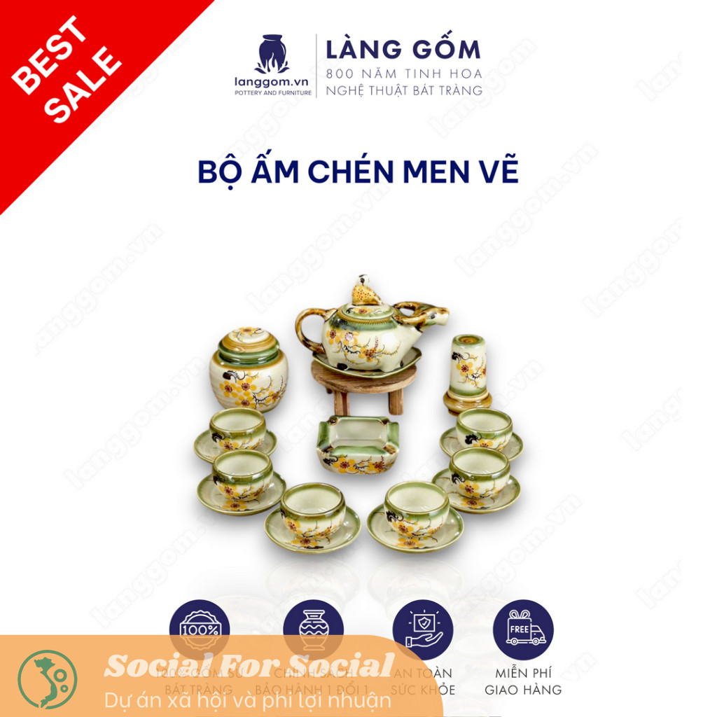 Bộ ấm chén uống trà Gốm sứ Bát Tràng cao cấp, dáng trâu, vẽ họa tiết hoa mai, đào, sen, dung tích 350ml-550ml - LÀNG GỐM