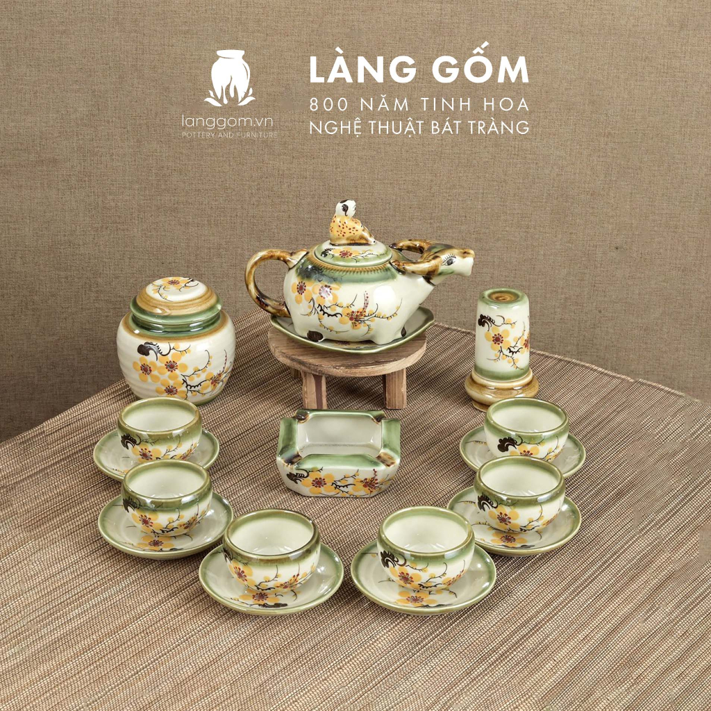 Bộ ấm chén uống trà Gốm sứ Bát Tràng cao cấp, dáng trâu, vẽ họa tiết hoa mai, đào, sen, dung tích 350ml-550ml - LÀNG GỐM - Image 3