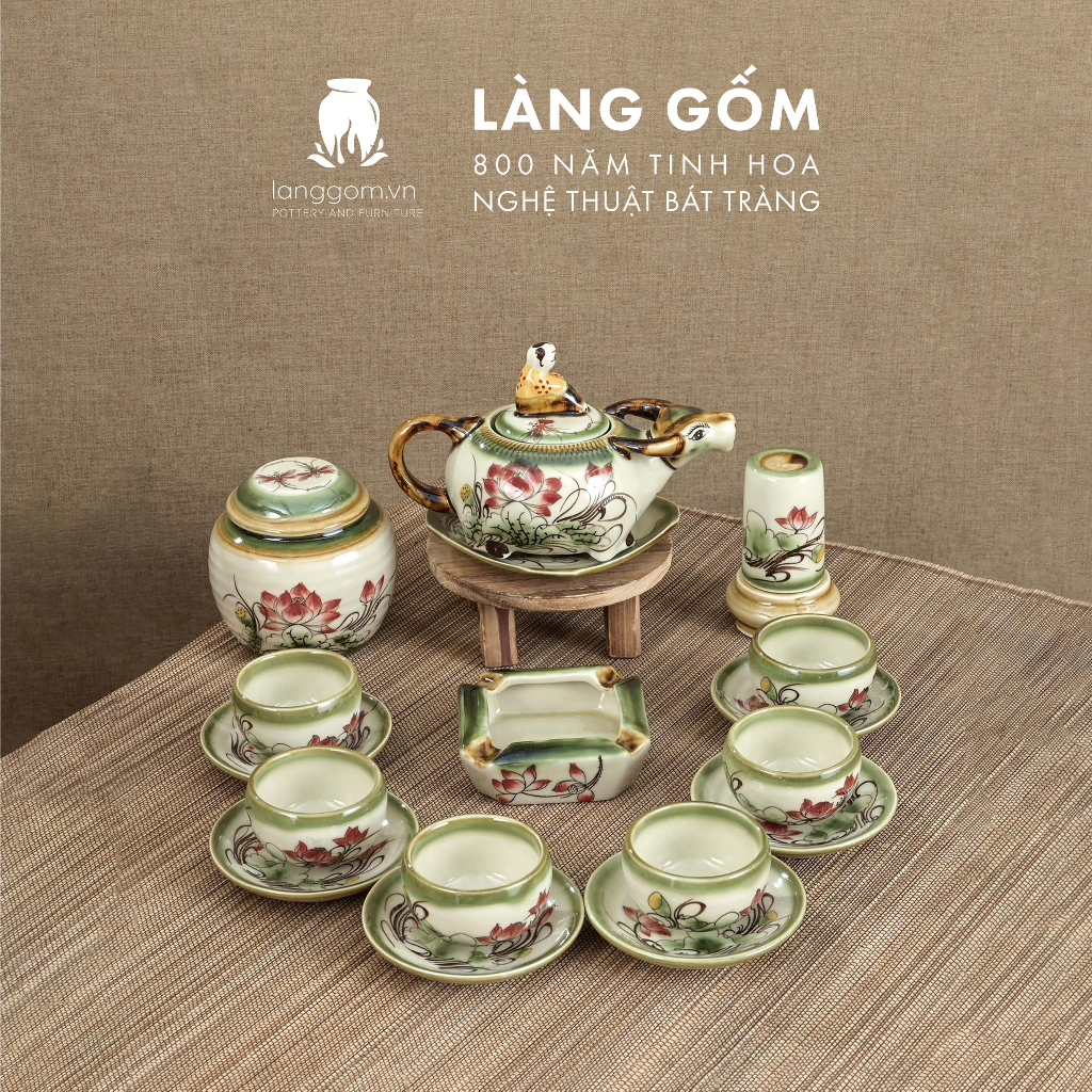 Bộ ấm chén uống trà Gốm sứ Bát Tràng cao cấp, dáng trâu, vẽ họa tiết hoa mai, đào, sen, dung tích 350ml-550ml - LÀNG GỐM - Image 6