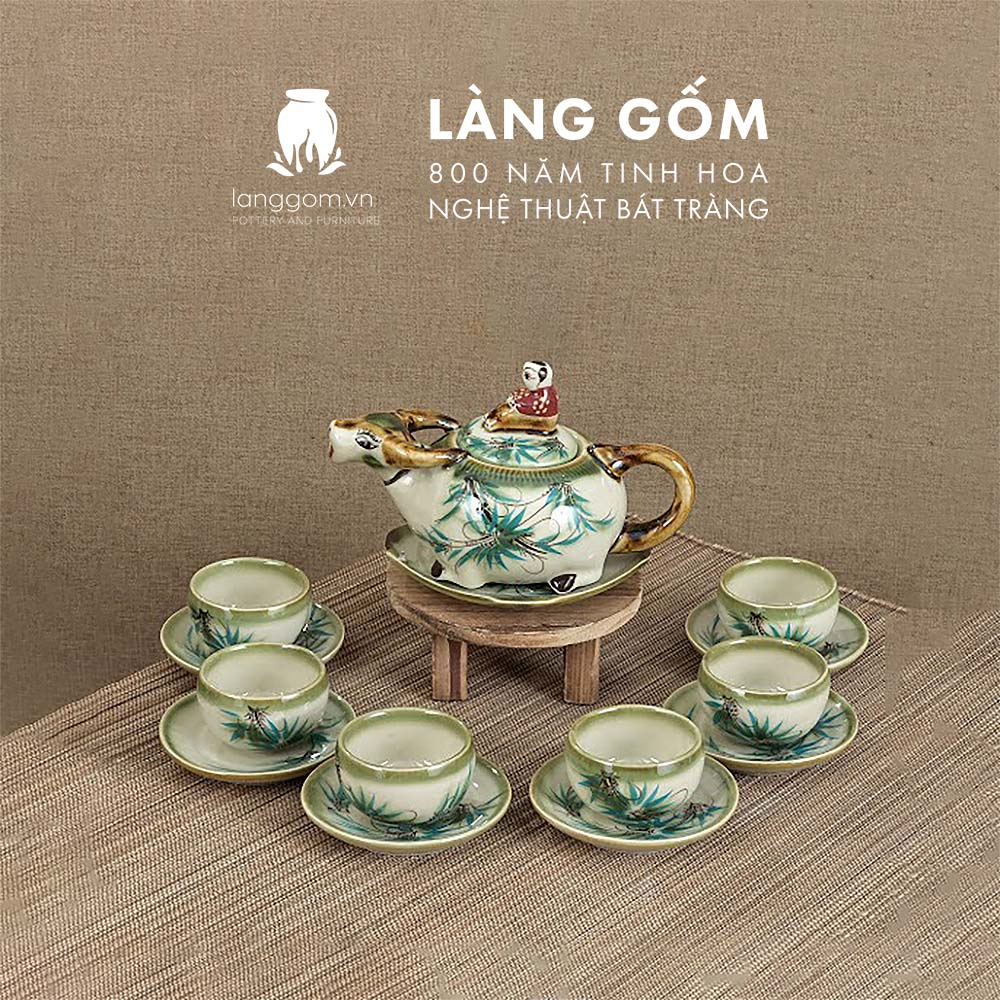 Bộ ấm chén uống trà Gốm sứ Bát Tràng cao cấp, dáng trâu, vẽ họa tiết hoa mai, đào, sen, dung tích 350ml-550ml - LÀNG GỐM - Image 5