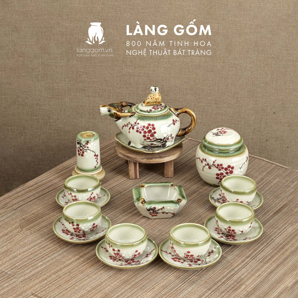 Bộ ấm chén uống trà Gốm sứ Bát Tràng cao cấp, dáng trâu, vẽ họa tiết hoa mai, đào, sen, dung tích 350ml-550ml - LÀNG GỐM - Image 4