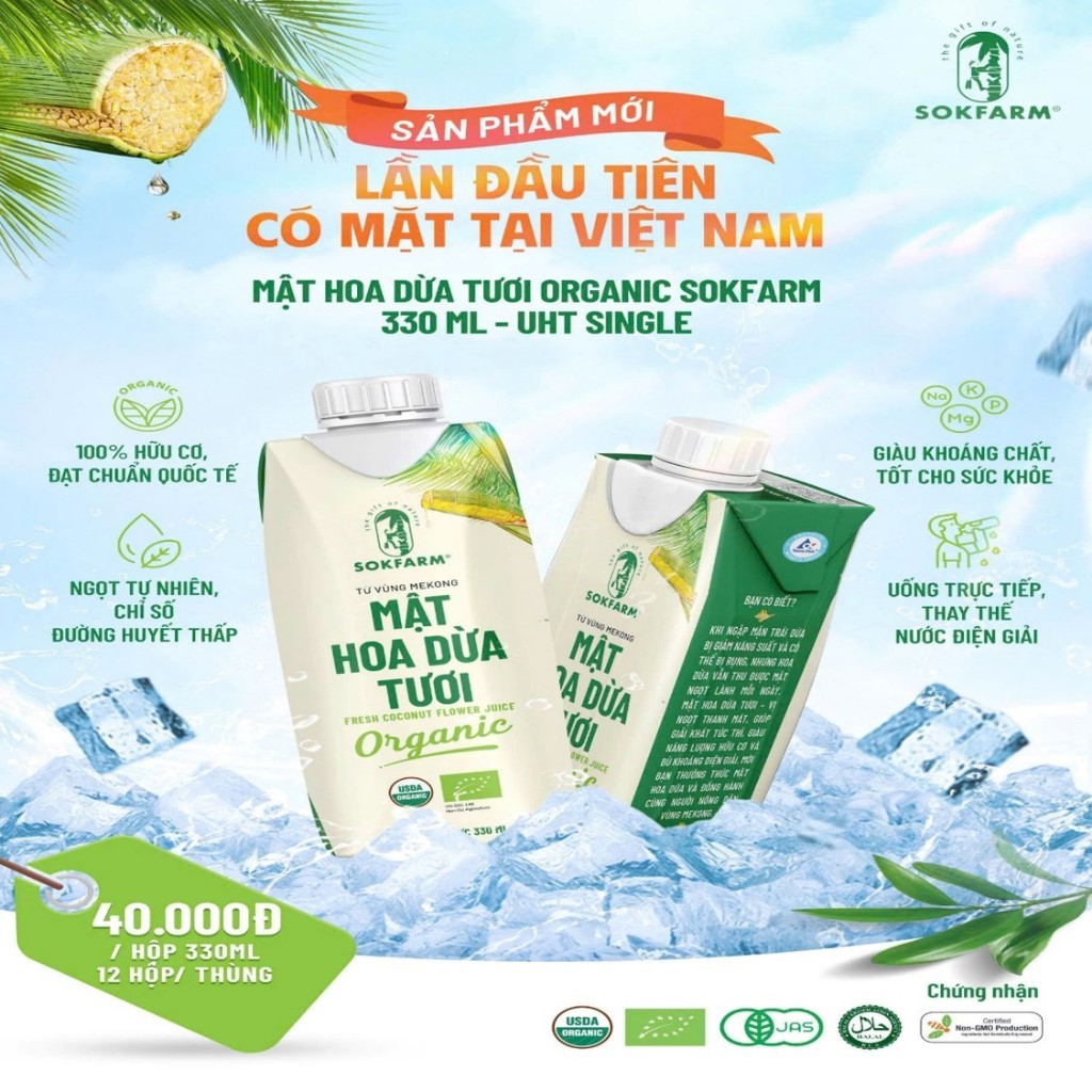 Mật hoa dừa tươi organic sokfarm 330ml mật hoa dừa tươi tiệt trùng UHT hộp giấy 330ml