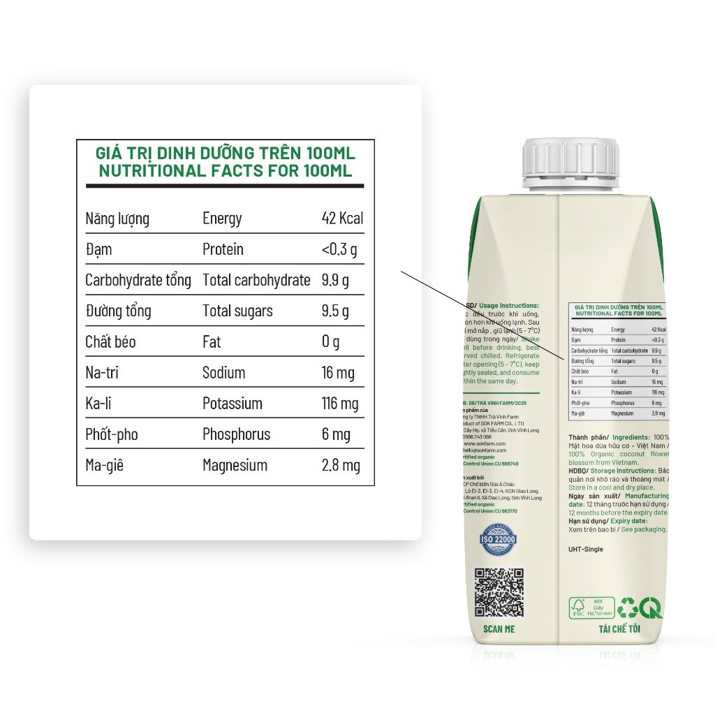 Mật hoa dừa tươi organic sokfarm 330ml mật hoa dừa tươi tiệt trùng UHT hộp giấy 330ml - Image 5