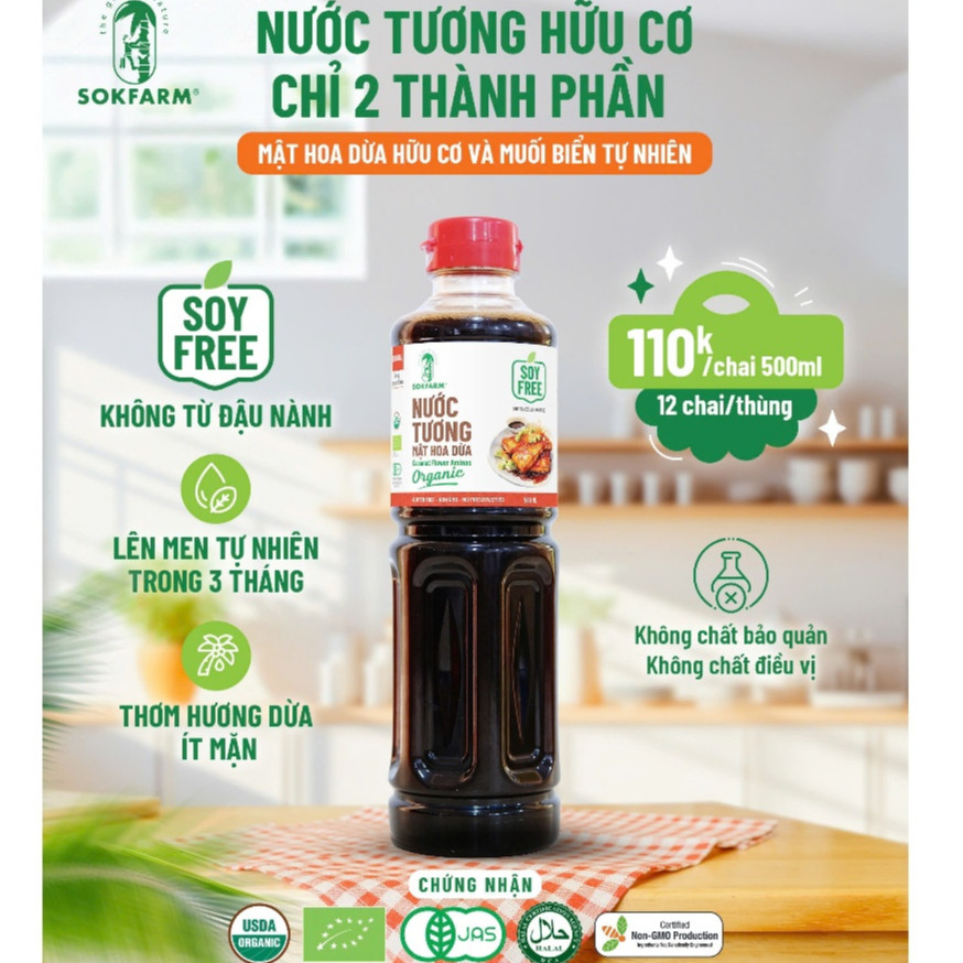 Nước tương Mật hoa dừa organic Sokfarm 500ml (nắp đỏ)
