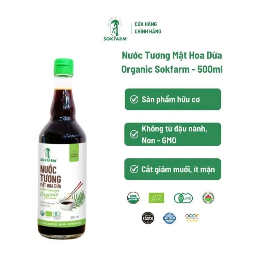 Nước Tương Mật Hoa Dừa Organic Sokfarm 500ml