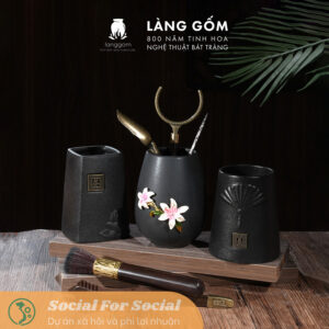 Bộ dụng cụ pha trà - Bộ cung nhãn bằng đồng, gỗ mun đen - Phụ kiện trà đạo chuyên nghiệp - Làng Gốm